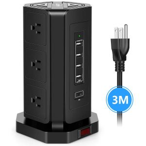 AiJoy USB C Surge Protector Power Strip Tower, 9 AC Outlet with 5 USB(4 USB A, 1 18W PD Port) Charging Ports Multi Plug Outlet Long Extension Cord 10Ft